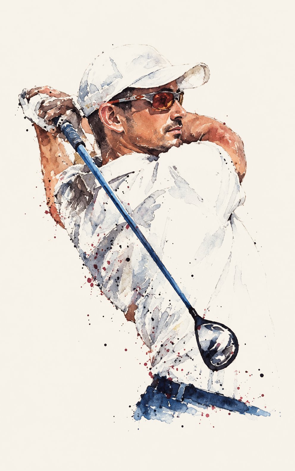 Ilustración en acuarela de un golfista con gorra blanca terminando el swing